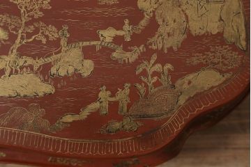 アンティーク雑貨　明治〜大正　朱塗金蒔絵木製花台(中国風俗画唐物)(R-041556)