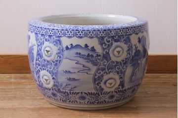 アンティーク雑貨　昭和初期　山水図・桜　繊細に描かれた図が美しい瀬戸火鉢(鉢カバー)(R-041561)
