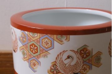 アンティーク雑貨　昭和初期　オールドノリタケ(則武、日陶)　鶴丸文　目を引く朱色の火鉢(手あぶり、鉢カバー、傘立て)(R-041562)