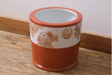 和製アンティーク　オールドノリタケ　日陶(則武)　昭和初期　鶴丸文　目を引く朱色の火鉢(瀬戸火鉢、Noritake、noritake、NORITAKE、手あぶり、鉢カバー、傘立て)(R-041563)