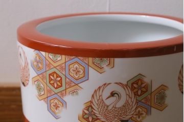 アンティーク雑貨　昭和初期　オールドノリタケ(則武、日陶)　鶴丸文　目を引く朱色の火鉢(手あぶり、鉢カバー、傘立て)(R-041564)