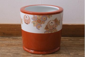 アンティーク雑貨　昭和初期　オールドノリタケ(則武、日陶)　鶴丸文　目を引く朱色の火鉢(手あぶり、鉢カバー、傘立て)(R-041564)