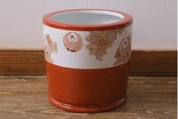 和製アンティーク　オールドノリタケ　日陶(則武)　昭和初期　鶴丸文　目を引く朱色の火鉢(瀬戸火鉢、Noritake、noritake、NORITAKE、手あぶり、鉢カバー、傘立て)(R-041565)