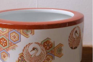 アンティーク雑貨　昭和初期　オールドノリタケ(則武、日陶)　鶴丸文　目を引く朱色の火鉢(手あぶり、鉢カバー、傘立て)(R-041565)