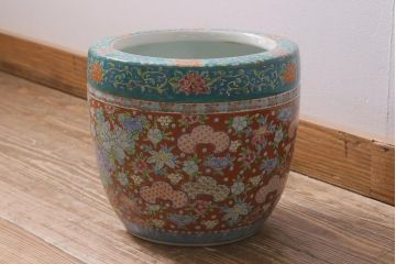 アンティーク雑貨　昭和初期　花文　彩り豊かな十錦手火鉢(瀬戸火鉢)(R-041569)