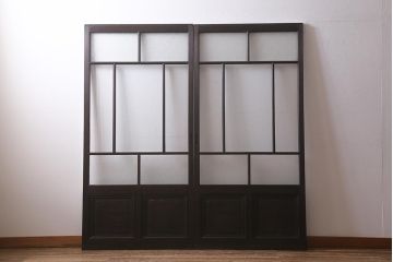 アンティーク建具　上手物!　腰板ケヤキ材・玉杢　ダイヤガラス・モールガラス・当店オリジナルガラス　凝った意匠が目を引く上品なガラス戸2枚セット(引き戸)(R-041579)