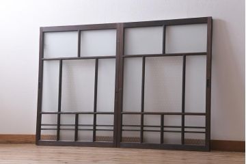 アンティーク建具　昭和初期　すりガラス・当店オリジナルガラス入り　レトロな空間づくりにおすすめのガラス戸2枚セット(窓、引き戸、建具)(R-041583)