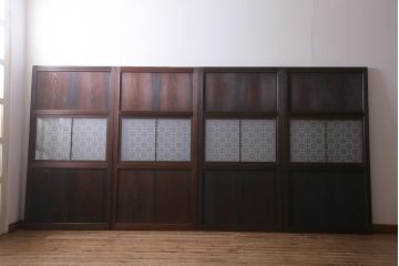 アンティーク建具　昭和初期　すりガラス入り　上品な和の雰囲気漂う組子帯戸4枚セット(引き戸、ガラス帯戸)(R-041586)