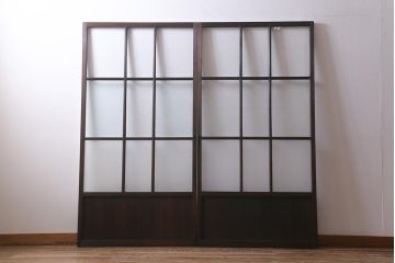 アンティーク建具　昭和中期　クリア・結霜・すりガラス入り　レトロな佇まいが魅力のガラス戸2枚セット(引き戸)(R-041590)