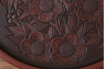 鎌倉彫　白日堂　伊志良不説作　丸盆　箱付き(和盆、木製盆、漆器)(R-041598)