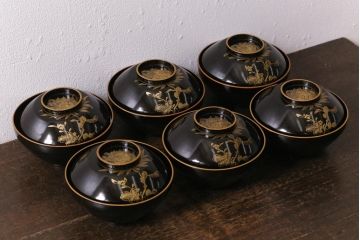 アンティーク雑貨　大正昭和初期　花蝶図　沈金蒔絵木製椀6客セット(お椀、漆器)(R-041617)