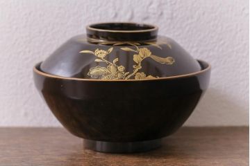 アンティーク雑貨　大正昭和初期　花蝶図　沈金蒔絵木製椀6客セット(お椀、漆器)(R-041617)