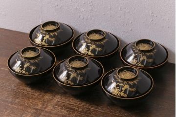 アンティーク雑貨　大正昭和初期　花蝶図　沈金蒔絵木製椀6客セット(お椀、漆器)(R-041617)