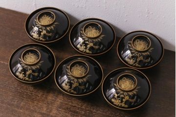 アンティーク雑貨　大正昭和初期　花蝶図　沈金蒔絵木製椀6客セット(お椀、漆器)(R-041617)