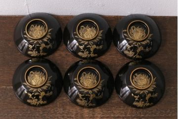 アンティーク雑貨　大正昭和初期　花蝶図　沈金蒔絵木製椀6客セット(お椀、漆器)(R-041617)
