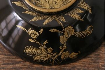 アンティーク雑貨　大正昭和初期　花蝶図　沈金蒔絵木製椀6客セット(お椀、漆器)(R-041617)