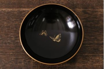 アンティーク雑貨　大正昭和初期　花蝶図　沈金蒔絵木製椀6客セット(お椀、漆器)(R-041617)