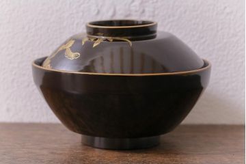 アンティーク雑貨　大正昭和初期　花蝶図　沈金蒔絵木製椀6客セット(お椀、漆器)(R-041617)