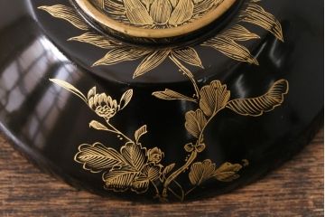 アンティーク雑貨　大正昭和初期　花蝶図　沈金蒔絵木製椀6客セット(お椀、漆器)(R-041618)