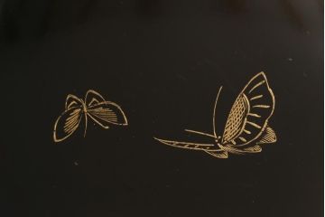 アンティーク雑貨　大正昭和初期　花蝶図　沈金蒔絵木製椀6客セット(お椀、漆器)(R-041618)