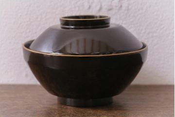 アンティーク雑貨　大正昭和初期　花蝶図　沈金蒔絵木製椀6客セット(お椀、漆器)(R-041618)