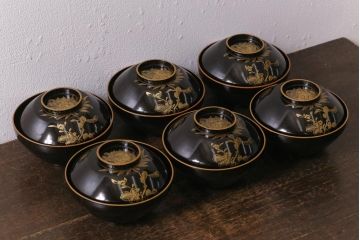 アンティーク雑貨　大正昭和初期　花蝶図　沈金蒔絵木製椀6客セット(お椀、漆器)(R-041618)