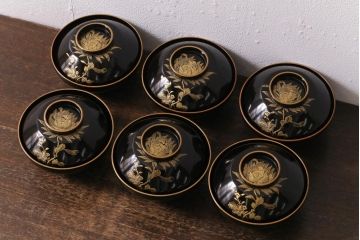 アンティーク雑貨　大正昭和初期　花蝶図　沈金蒔絵木製椀6客セット(お椀、漆器)(R-041618)