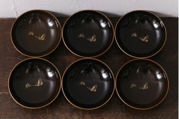 アンティーク雑貨　大正昭和初期　花蝶図　沈金蒔絵木製椀6客セット(お椀、漆器)(R-041618)