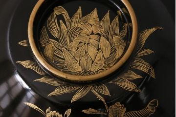 アンティーク雑貨　大正昭和初期　花蝶図　沈金蒔絵木製椀6客セット(お椀、漆器)(R-041618)