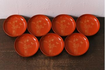 アンティーク雑貨　大正昭和初期　花蝶図　上がり藤　竹に雀　朱塗り　沈金蒔絵木製椀7客セット(お椀、漆器)(R-041619)