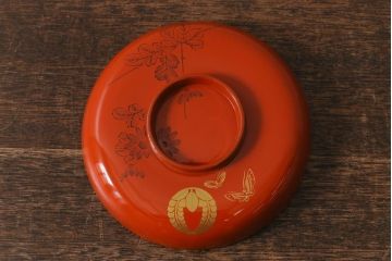 アンティーク雑貨　大正昭和初期　花蝶図　上がり藤　竹に雀　朱塗り　沈金蒔絵木製椀7客セット(お椀、漆器)(R-041619)