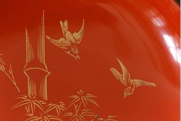 アンティーク雑貨　大正昭和初期　花蝶図　上がり藤　竹に雀　朱塗り　沈金蒔絵木製椀7客セット(お椀、漆器)(R-041619)