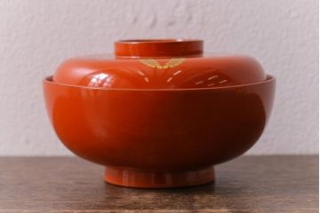 アンティーク雑貨　大正昭和初期　花蝶図　上がり藤　竹に雀　朱塗り　沈金蒔絵木製椀7客セット(お椀、漆器)(R-041619)