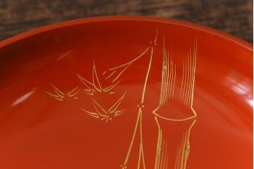 アンティーク雑貨　大正昭和初期　花蝶図　上がり藤　竹に雀　朱塗り　沈金蒔絵木製椀7客セット(お椀、漆器)(R-041620)