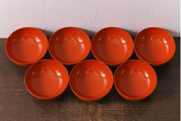 アンティーク雑貨　大正昭和初期　花蝶図　上がり藤　竹に雀　朱塗り　沈金蒔絵木製椀7客セット(お椀、漆器)(R-041620)