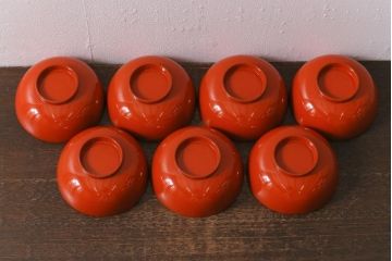 アンティーク雑貨　大正昭和初期　花蝶図　上がり藤　竹に雀　朱塗り　沈金蒔絵木製椀7客セット(お椀、漆器)(R-041620)