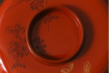 アンティーク雑貨　大正昭和初期　花蝶図　上がり藤　竹に雀　朱塗り　沈金蒔絵木製椀7客セット(お椀、漆器)(R-041620)