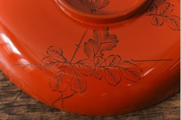 アンティーク雑貨　大正昭和初期　花蝶図　上がり藤　竹に雀　朱塗り　沈金蒔絵木製椀7客セット(お椀、漆器)(R-041620)