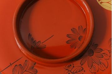 アンティーク雑貨　大正昭和初期　花蝶図　上がり藤　竹に雀　朱塗り　沈金蒔絵木製椀7客セット(お椀、漆器)(R-041620)