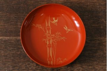 アンティーク雑貨　大正昭和初期　花蝶図　上がり藤　竹に雀　朱塗り　沈金蒔絵木製椀7客セット(お椀、漆器)(R-041620)