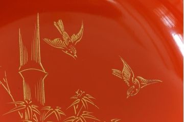 アンティーク雑貨　大正昭和初期　花蝶図　上がり藤　竹に雀　朱塗り　沈金蒔絵木製椀7客セット(お椀、漆器)(R-041620)