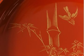 アンティーク雑貨　大正昭和初期　花蝶図　上がり藤　竹に雀　朱塗り　沈金蒔絵木製椀7客セット(お椀、漆器)(R-041620)