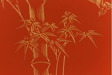 アンティーク雑貨　大正昭和初期　花蝶図　上がり藤　竹に雀　朱塗り　沈金蒔絵木製椀7客セット(お椀、漆器)(R-041620)