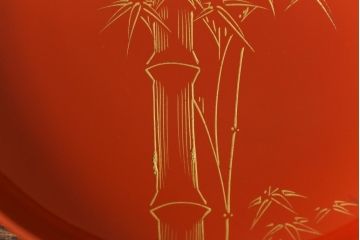 アンティーク雑貨　大正昭和初期　花蝶図　上がり藤　竹に雀　朱塗り　沈金蒔絵木製椀7客セット(お椀、漆器)(R-041620)