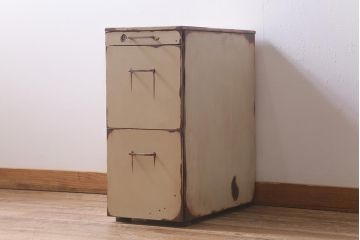 中古　OKAMURA(オカムラ)　キャスター付き　アンティーク風にリメイクしたペイントデスクワゴン(サイドチェスト)(R-041636)