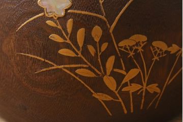 アンティーク雑貨　大正昭和初期　桐材　蒔絵・螺鈿　花鳥図が目を引く刳り貫き火鉢(木製火鉢、手あぶり)(R-041696)