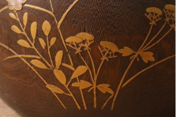 アンティーク雑貨　大正昭和初期　桐材　蒔絵・螺鈿　花鳥図が目を引く刳り貫き火鉢(木製火鉢、手あぶり)(R-041696)