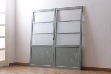 アンティーク建具　和製アンティーク　ペイント　シャビーなペイントがお洒落なガラス戸2枚セット(引き戸、建具)(R-041717)