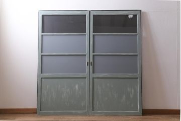 アンティーク建具　和製アンティーク　ペイント　シャビーなペイントがお洒落なガラス戸2枚セット(引き戸、建具)(R-041717)