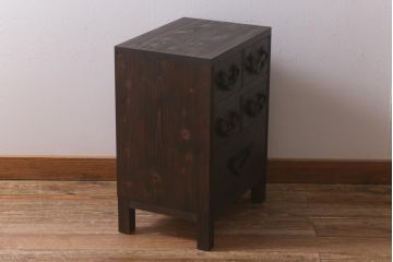 ラフジュ工房オリジナル　古金具リメイク　前板栗材　ヒノキ材　木瓜金具が趣溢れる小引き出し(小物収納、サイドチェスト)(R-041726)